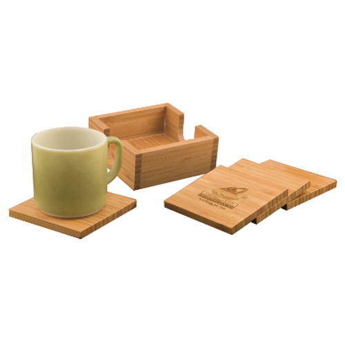 Square Bamboo 4-Coaster Set with Holder