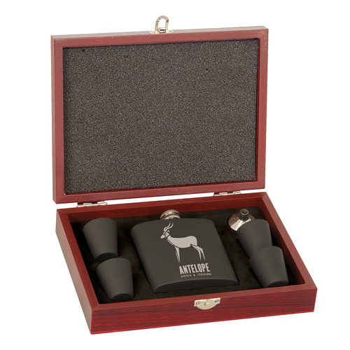 Matte Black Flask Set in Rosewood Box